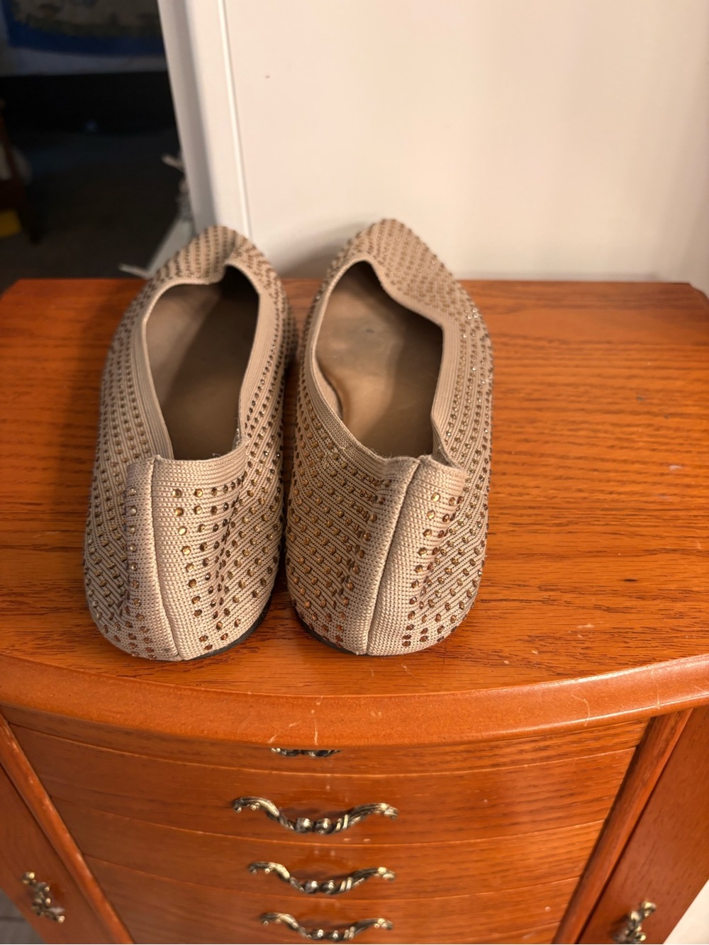 Beige Slip-On Embellished Knit Flats